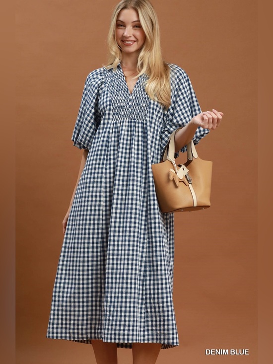 Umgee Dresses & Skirts - Umgee Puff Sleeve Plaid Midi Dress